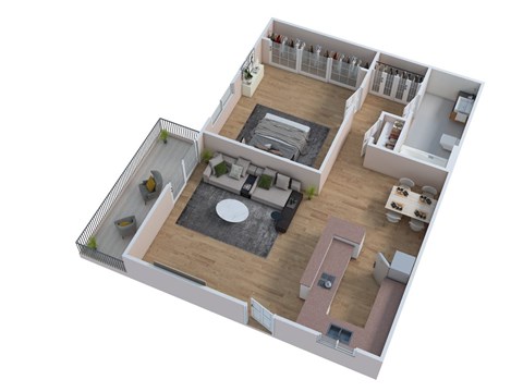 A 3D floor plan of a house with a living room, kitchen, and dining area.